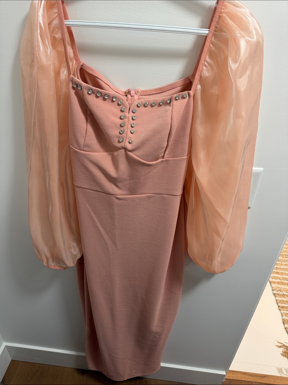 SHEIN Peach Organza Puff Sleeve Midi Dress with Studded Bust